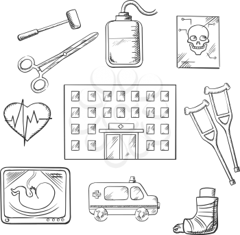 Hospital design with a hospital building surrounded by ambulance, x-ray, surgical tools, cardiograph, blood transfusion, skull, crutches and plaster caste. Vector sketch