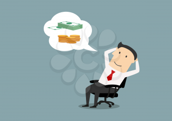 Pensive smiling cartoon businessman sitting on office chair and dreaming about money, success and wealth. Vector. Business concept design of big dream or success 