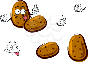 Fresh cartoon farm potato vegetables with rough brown peel. Addition to recipe book, vegetarian menu or agriculture harvest design