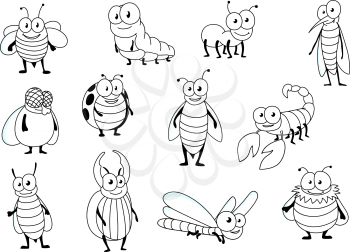 Funny cartoon outline colorless bee, ant, ladybug, fly, caterpillar, dragonfly, mosquito, bumblebee, wasp, stag beetle, hornet and scorpion. Insect characters for mascot, children book or nature theme