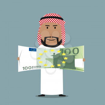 Successful wealthy arabian businessman in national white thobe and keffiyeh with one hundred euro bill in hands. Finance, success, wealth or abundance business concept 