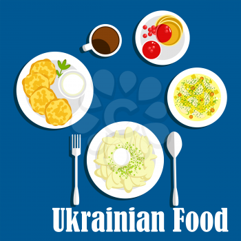 Vegetarian dishes of ukrainian cuisine icon with dumplings topped with sour cream, potato pancakes with cream sauce, cabbage soup with vegetables, cottage cheese fritters with berry jam and coffee. Fl