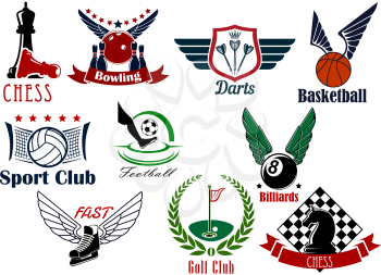 Sporting game retro emblems design for competitive sport games such as football or soccer, basketball, ice hockey, golf, chess, volleyball, darts, bowling and billiards