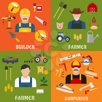 Construction and agriculture industry professions icons with flat male builder, farmer, carpenter and stockbreeder with tools, equipments and machinery symbols