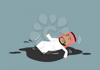 Oil price falling and oil industry crisis business concept. Cartoon arabian businessman slipped and fallen down into black crude petroleum puddle