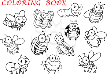 Isolated outline insect animals characters with fly and dragonfly, butterfly and mosquito, caterpillar and bee, spider and wasp, ladybug and grasshopper, bug and ant. For coloring book usage 