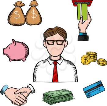 Banker profession icons with businessman in glasses and financial icons such as money bags, ATM and credit card, handshake and piggy bank, dollar coins and bills