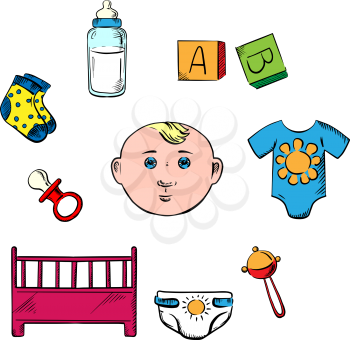 Little boy and childish toys icons with rattle, panties, cot, nipple, socks and cubes