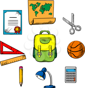 School and education objects icons with backpack, basketball ball, lamp, ruler, pencil, calculator, earth globe, scissors, map and diploma