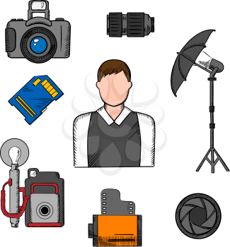 Photographer profession icons with elegant man and memory card, camera film roll and lens, shutter, modern digital and retro cameras, lighting umbrella on tripod