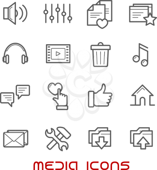 Thin line style multimedia and social media icons with speech bubble and e-mail, load and thumb up, map pin and home page, favorite star and heart, video, contacts, playlist, equalizer, trash,headphon