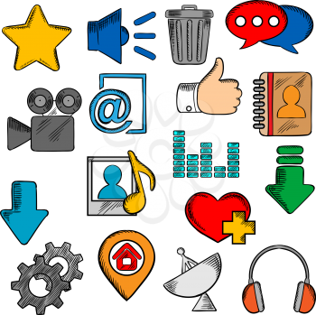 colorful social media icons with chat speech bubble and e-mail, load and thumb up, map pin and home page, favorite star and heart, video and contacts, playlist and equalizer, trash and gear, headphone