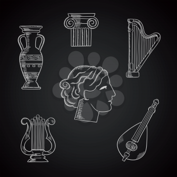 Art and musical instruments chalk icons with a lyre, amphora, column capital, mandolin, harp and woman head on blackboard