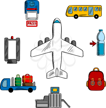 Airport, aviation and airline service icons with airplane surrounded by symbols of passport control, metal detector and security gate, baggage service and passenger bus, drink and hand baggage