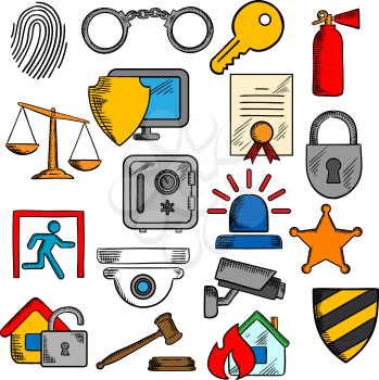 Security, safety and protection icons set with web security shield and padlock, key and safe, video surveillance and fire security, patent and justice scales, handcuffs and fingerprint, extinguisher a