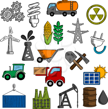 Industry and energy icons with oil pump and barrel, refinery factory and tractor, corn and wheat, radiation, solar panel, gears, fuel and light bulb, shovel and wind turbine, electricity plant