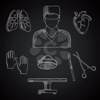 Surgeon profession chalk icons with doctor, operation table and lamp, gloves, human heart and lung, scalpel and forceps