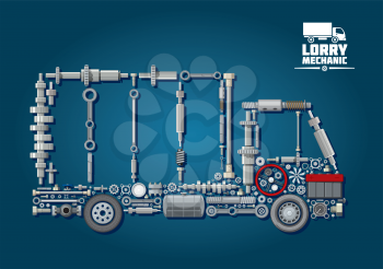 Mechanical engine parts arranged into silhouette of a truck with wheels, steering wheel, battery, speedometer and fasteners. For lorry mechanic or transportation service design