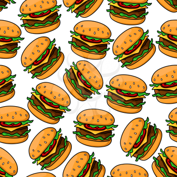 Fast food seamless pattern of appetizing cheeseburgers with grilled beef, cheddar cheese, fresh tomatoes and lettuce on sesame bun. For takeaway or fast food cafe design