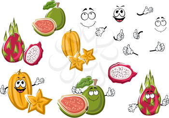 Cartoon tropical yellow star fruit, exotic asian pink dragon fruit and ripe green guava fruits. Tropical cocktails fruity ingredients or dessert recipe design usage