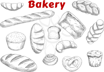 Bakery and pastry products sketches with raisins muffin and cinnamon roll, french croissants and baguette, pretzel and braided sweet buns, loaves of wheat, rye and sprouted grains bread 