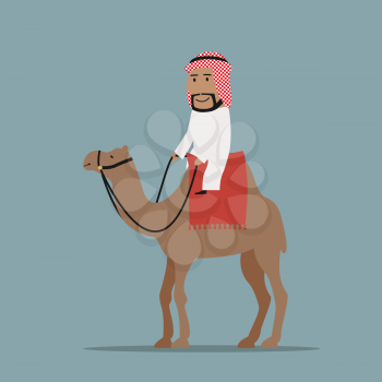 Happy smiling arab businessman in white thobe and keffiyeh riding on camel, decorated with red carpet. Travel, tourism and dessert transportation themes