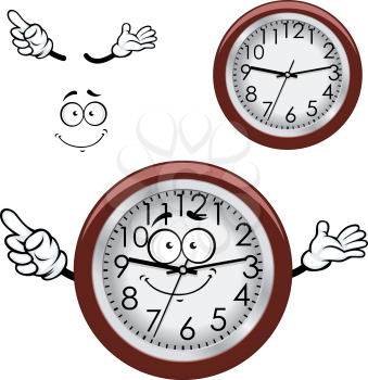 Cartoon round wall clock character with white dial, brown rim and funny smile