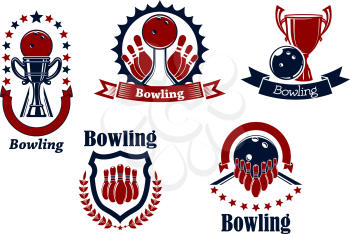 Bowling competition icons with balls, ninepins and trophy cups on lanes adorned by stars, ribbon banners and heraldic shield laurel wreath