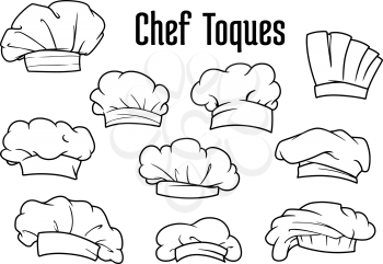 Chef caps, hats and toques icons with various classic white textile uniform headwears