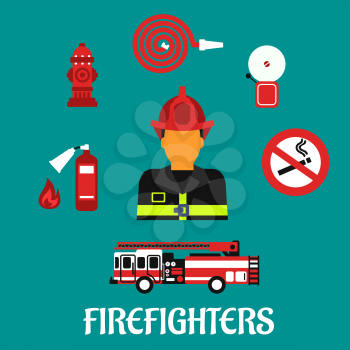 Firefighter profession concept with fireman in red helmet and fully protective suit, surrounded by fire truck, hose, extinguisher, hydrant, fire alarm and no smoking sign