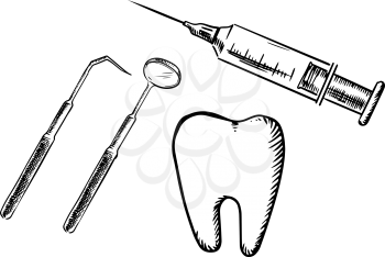 Sketch icons of tooth, syringe, dental mirror and probe isolated on white background, for dentistry and medicine design
