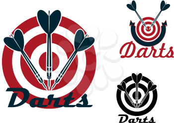 Darts sporting emblems design with red dartboards and darts arrows isolated on white background