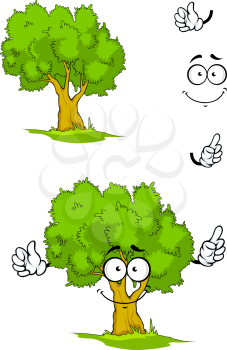 Cartoon smiling green tree character on a sunny glade with sappy grass showing attention gesture. For ecology or nature design