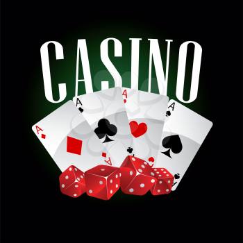 Casino dice and poker cards icon on black and green background, for gambling design