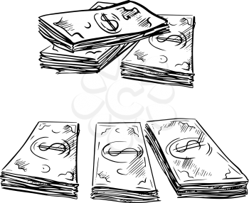 Stacks of dollar bills in sketch style, isolated on white,  for financial or banking concept design