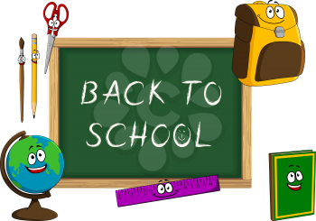 Happy cartoon book, globe, backpack, pencil, paintbrush, scissors, ruler and classroom blackboard with chalk text Back to school. For education concept design