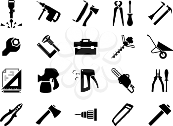 Hammers, screwdrivers, axes, saws, pliers, jackhammer, crowbar, wrench, vernier caliper set square toolbox drill machine, wheelbarrow drawing, spray gun chainsaw and staple gun black icons set