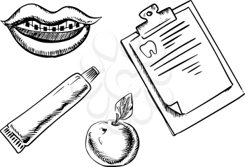 Dental and hygiene sketch icons with braces on teeth, tube of toothpaste, fresh apple and clipboard with medical form