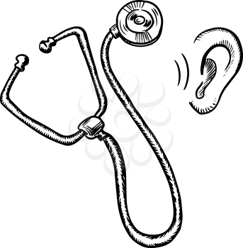 Sketch of medical stethoscope and human ear isolated on white background, for healthcare or medicine design
