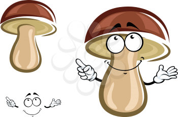 Forest birch mushroom cartoon character with brown hat shy smile isolated on white background