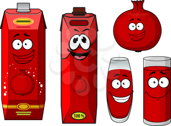 Cartoon pomegranate juice containers with happy smiling faces in different shapes, glasses and boxes and a fresh fruit