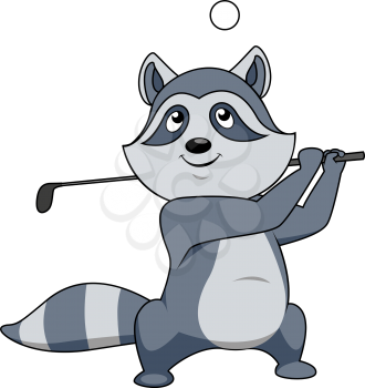 Cartoon little grey raccoon playing golf swinging the club over its shoulder