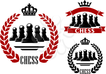 Elegant chess game heraldic symbol in black and red color with a number of pawns