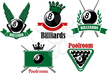 Billiard and poolroom emblems or icons set with wings, crown, crosses cues, ball and decorations