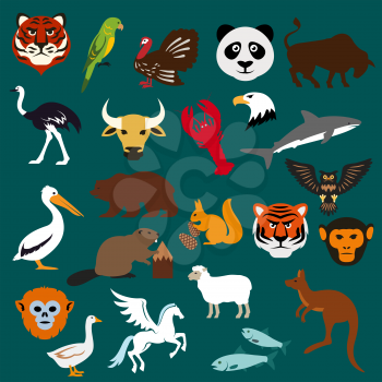 Animal and bird icons including tiger, parrot, panda, bear, kangaroo, pelican, beaver, ostrich, turkey, shark eagle lobster bull squirrel owl, monkey sheep fish goose and mythical Pegasus, flat style