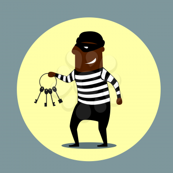 Burglar or thief carrying a set of keys with a gleeful evil smile, cartoon style