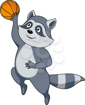 Funny cartoon raccoon basketball player character jumping with ball for a slam dunk shot. For sporting team or club mascot 