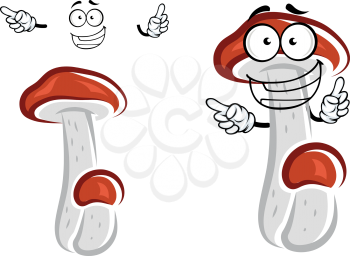 Orange cap boletus mushroom cartoon character with textured stout stipe pointing finger away. For vegetarian or fresh healthy food design
