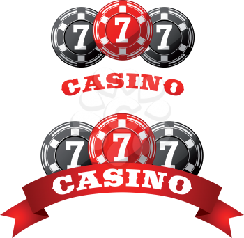 Triple lucky seven jack pot icon with gray and red gambling chips adorned by ribbon banner with text Casino