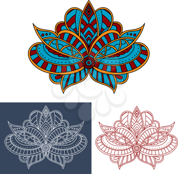 Persian stylized lush paisley flower with curly floral elements for interior or textile design